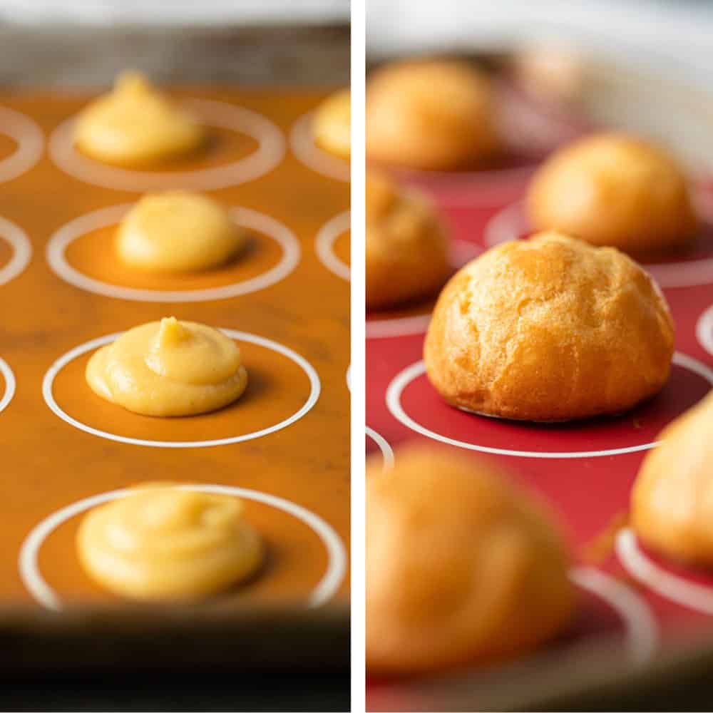photo collage: on left, choux pastry batter on silicone baking mat. On right: finished Gruyere puffs