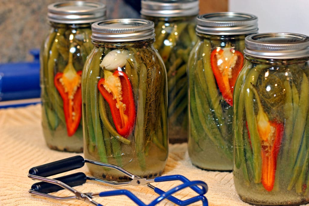 Side view of jars with pickled green beans