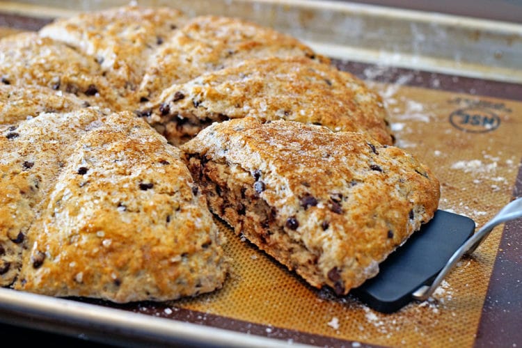 These Chocolate Chip Pecan Buttermilk Scones have a hint of cinnamon, use mini chocolate chips inside and crunchy pecans for that perfect breakfast bite. www.keviniscooking.com