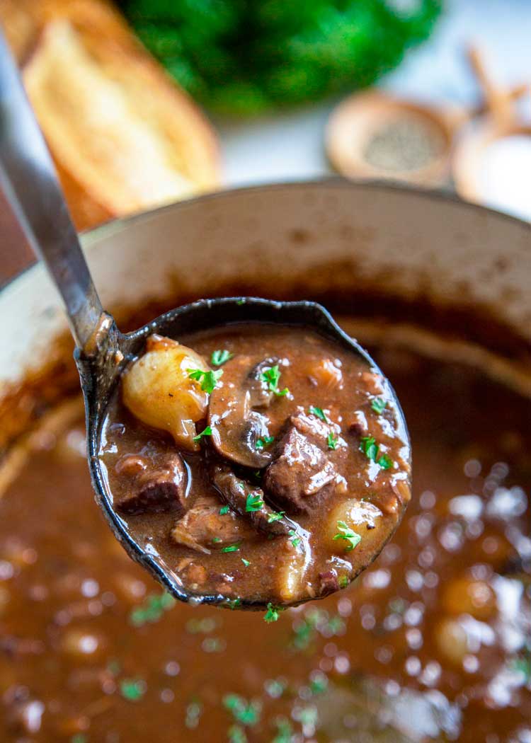 closeup: ladle of french beef stew