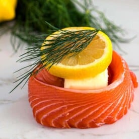 close up of salmon dill and lemon wrapped in pinwheel