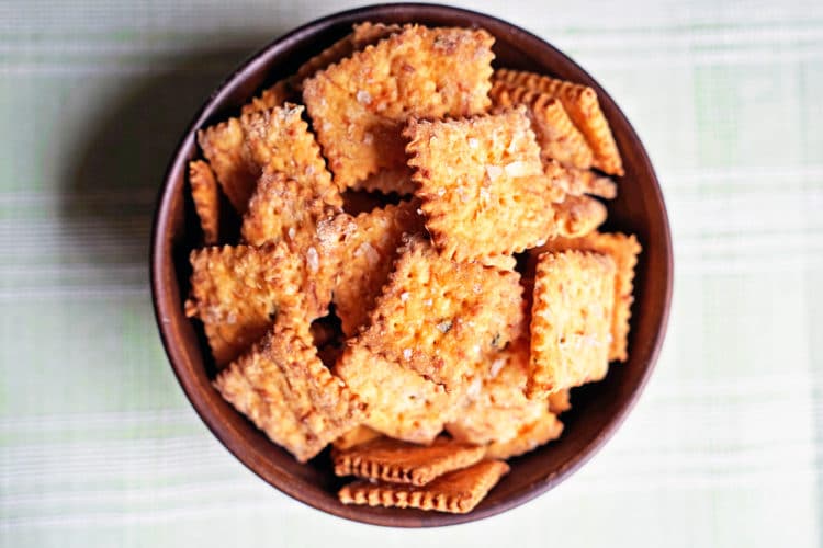 overhead image: bowl of jalapeno cheese crackers