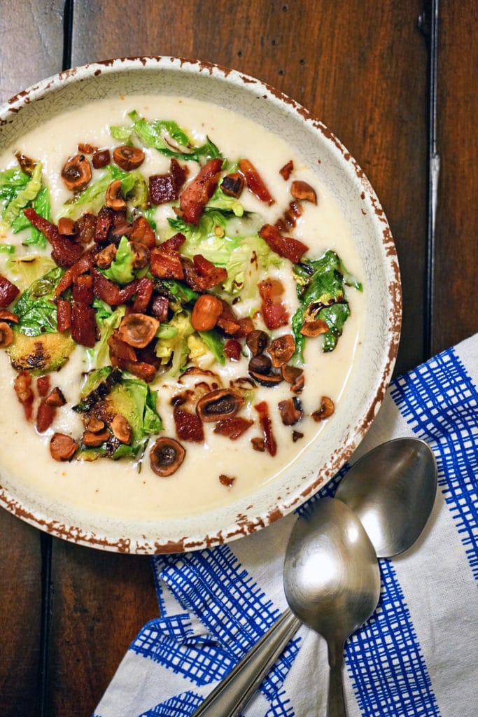 Celery-Root-Soup-with-Pancetta-Brussels-Sprouts-and-Toasted-Hazelnuts. Keviniscooking.com