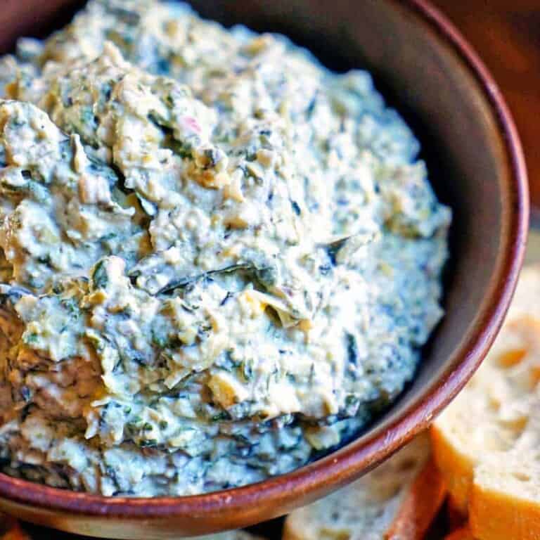 close up of a bowl of Spinach Artichoke Dip