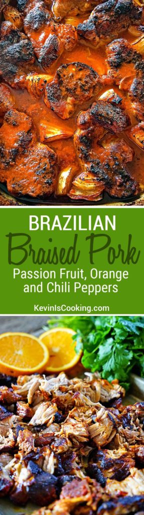 This Brazilian Braised Pork in Passion Fruit, Orange and Guajillo Peppers is off the hook tasty! A family favorite I use in tacos, sandwiches and quesadillas.