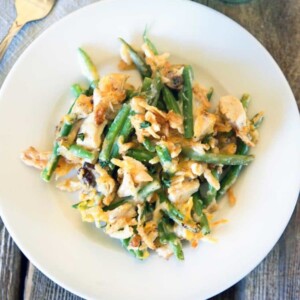 overhead: plated serving of green bean and turkey casserole