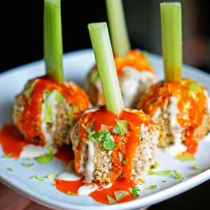 Crunchy Buffalo Chicken Meatballs with Bleu Cheese Drizzle. www.keviniscooking.com