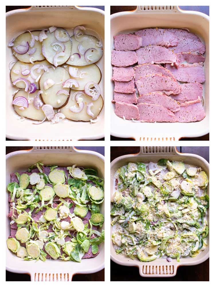 photo collage: assembling corned beef casserole