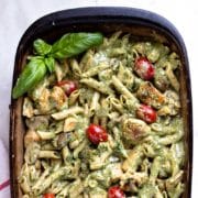 Tender browned chicken, smothered in a creamy pesto sauce with pasta and tomatoes. A delicious Italian inspired meal that can feed a crowd. Easily double it for more than 6, the family loves it! www.keviniscooking.com
