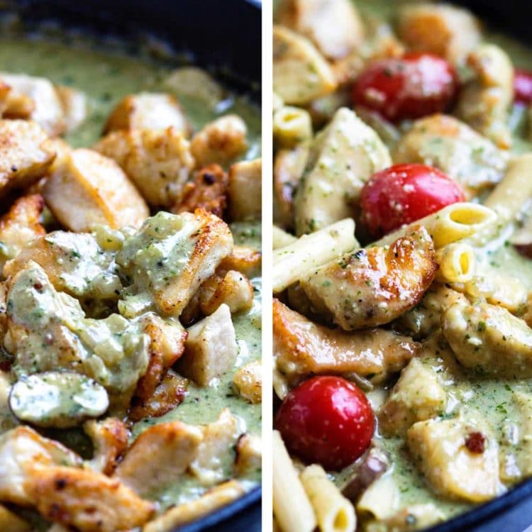 Tender browned chicken, smothered in a creamy pesto sauce with pasta and tomatoes. A delicious Italian inspired meal that can feed a crowd. Easily double it for more than 6, the family loves this Pesto Chicken Pasta! www.keviniscooking.com