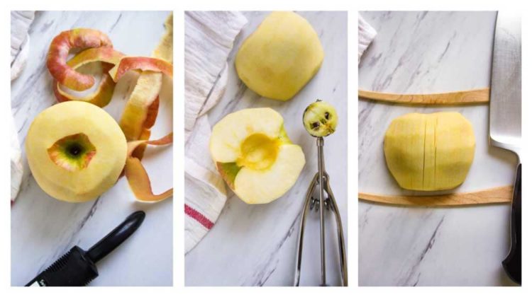 process photo collage: peeling, coring and slicing apple