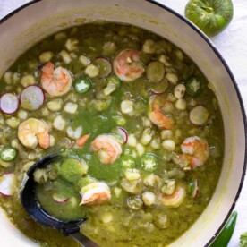 overhead: bowl of mexican shrimp soup