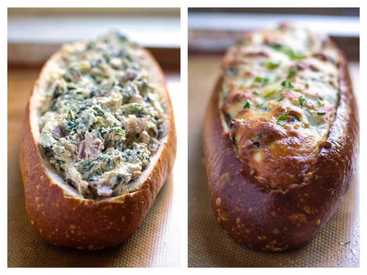This easy, cheesy, creamy feta and spinach stuffed french bread is deliriously rich and tasty. It reminds me of a Greek spanakopita but all stuffed inside a wonderful sourdough bread loaf. Perfect hand held appetizer for parties or the holidays! www.keviniscooking.com