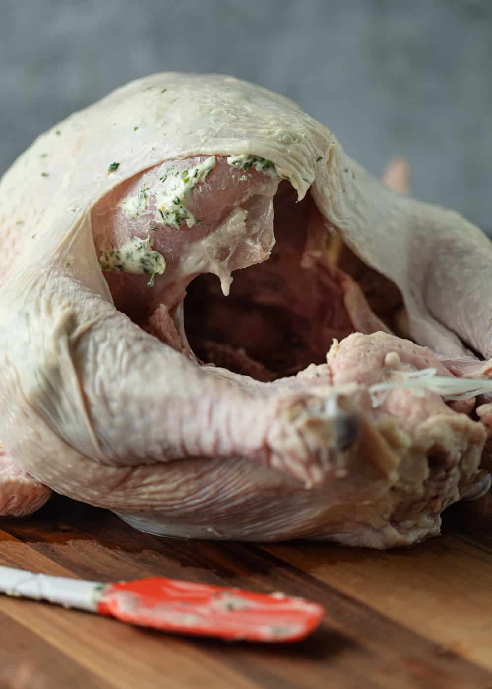 butter rubbed under the skin of a turkey