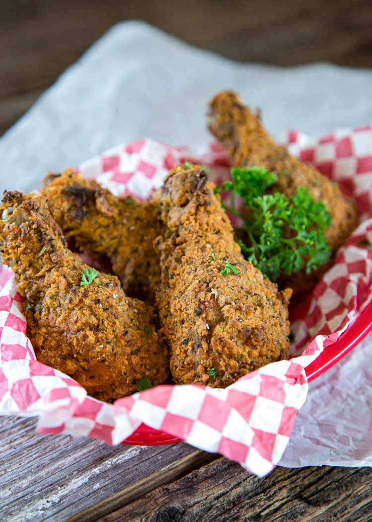 sideview: oven fried chicken in a basket