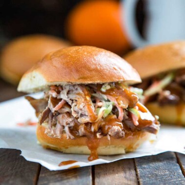 A close up of a southern pulled pork slider