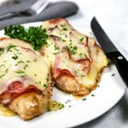 I call this one pan Open Faced Chicken Cordon Bleu my "skinny" version of the classic. With ham, Swiss and dijon, it isn't breaded and fried, it gets baked! keviniscooking.com