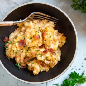 A bowl of Bacon Mac and Cheese Casserole
