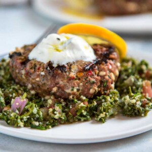 Mediterranean spiced ground lamb patty topped with tzatziki sauce