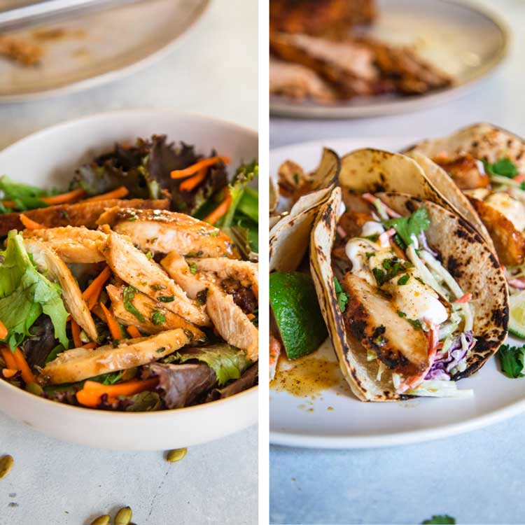 side by side photo collage of grilled chicken in a salad (on left) and on tacos (on right)