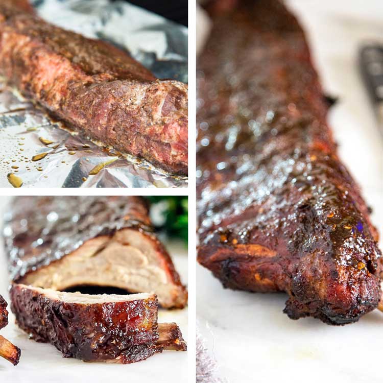 photo collage shows how to prep pork ribs for grilling- before and after