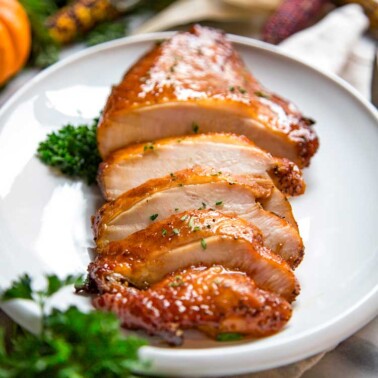 A plate of sliced glazed boneless turkey roast