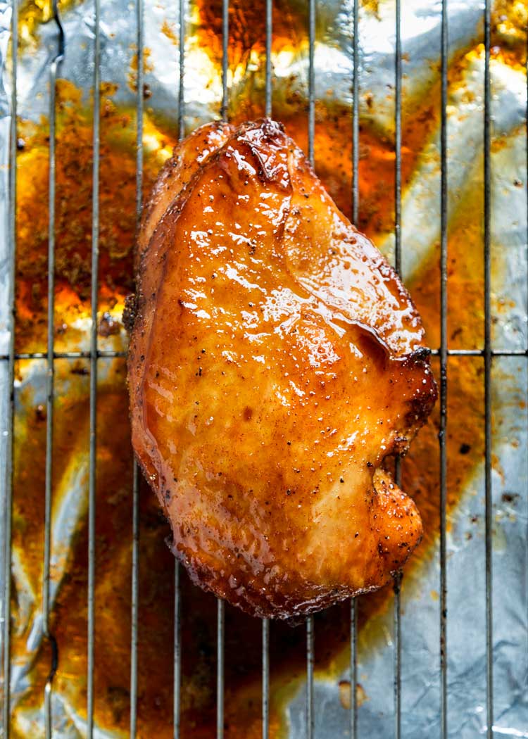 overhead: maple glazed turkey breast on roasting rack