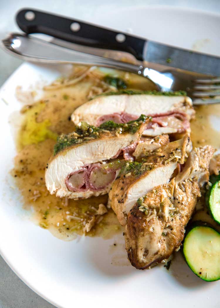 With ingredients like mozzarella cheese sticks, some deli meat and pesto, this Cheesy Prosciutto Stuffed Chicken with Pesto is on the table in 30 minutes! keviniscooking.com