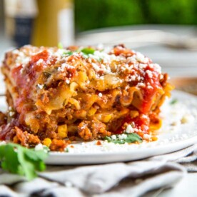 closeup: plate of mexican lasagna with noodles