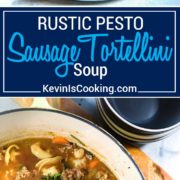 Rustic Pesto Sausage Tortellini Soup hits the spot with tortellini, pan seared Italian sausage, vegetables and a dollop of pesto. All made in 30 minutes!