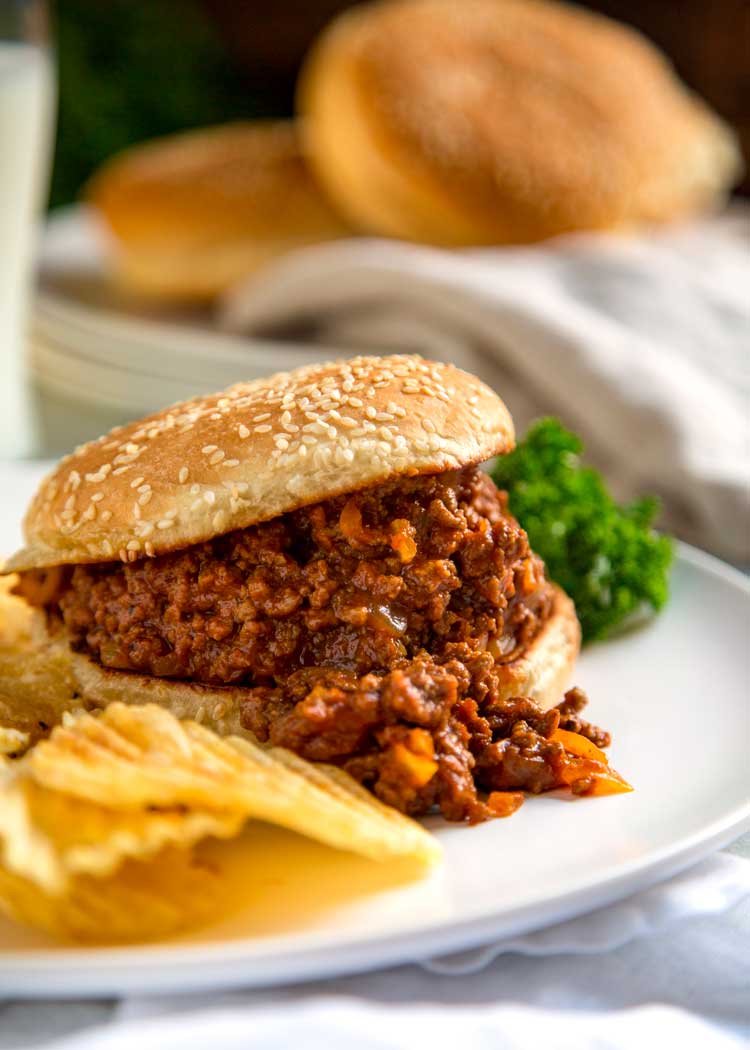homemade sloppy joes with side of wavy potato chips