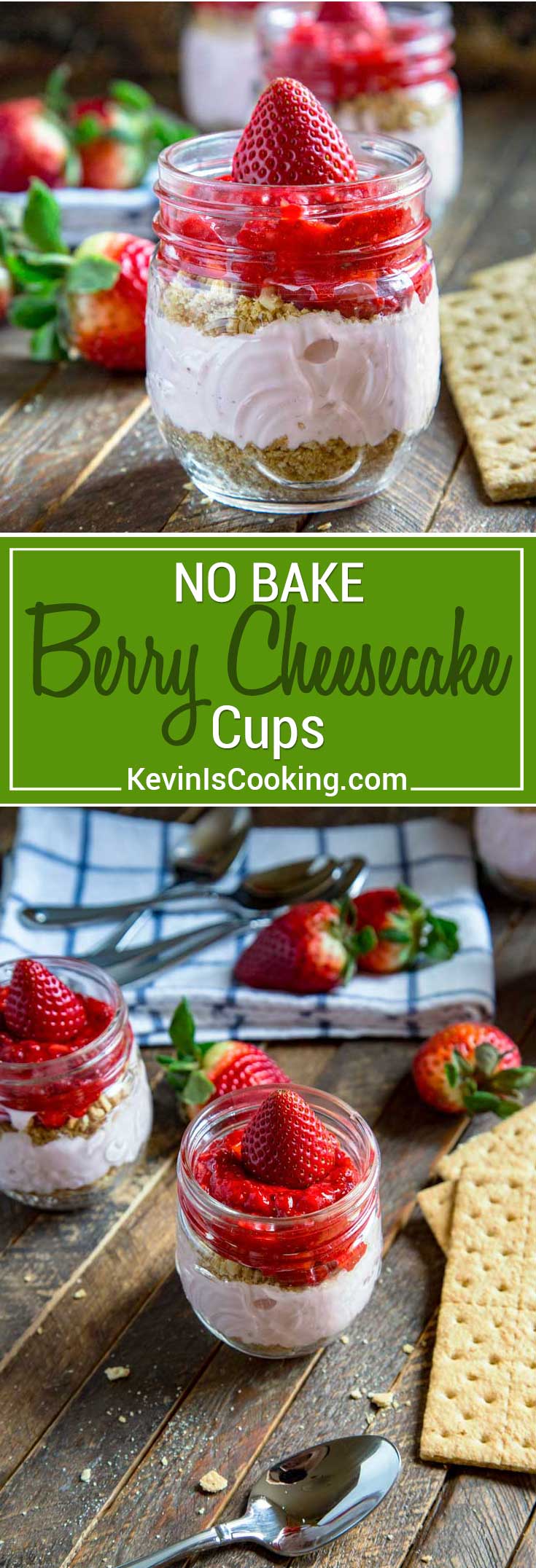These No Bake Strawberry Cheesecake Cups are made with crushed graham crackers, cream cheese and Greek yogurt and fresh fruit. They're perfect for kids parties, the next office potluck or when that sweet tooth impulse strikes. Small, individual servings and no baking required!