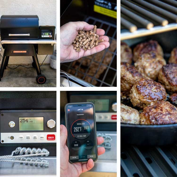 photo collage of smoking meatballs on traeger grill