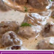 These perfectly seasoned Swedish Meatballs with Gravy are made with ground beef and lamb, spices and fresh herbs. The creamy, savory gravy is amazing poured on top and served over mashed potatoes, noodles or rice.