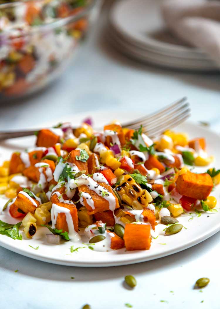Sweet Potato and Corn Salad on white plate