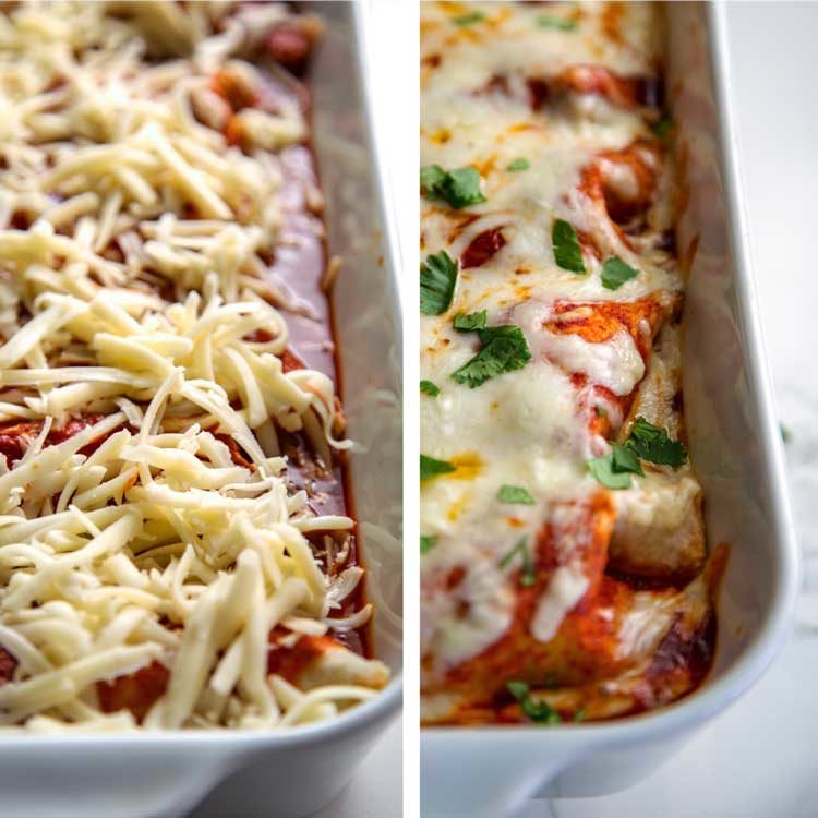 photo collage shows cheese on top of casserole, before and after baking