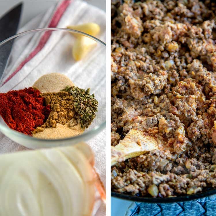 2 photos in collage- one shows Mexican spices in a bowl and the other shows ground beef cooking in a pan