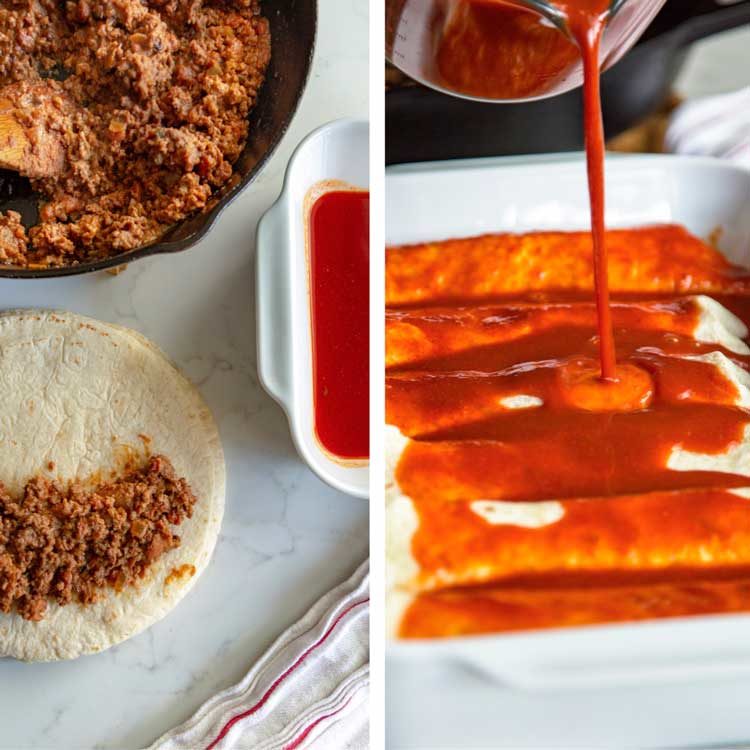 photo collage shows process of making a Mexican casserole with flour tortillas filled with ground beef, and red sauce poured over the top