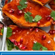 honey butter roasted sweet potatoes with pomegrante arils on top