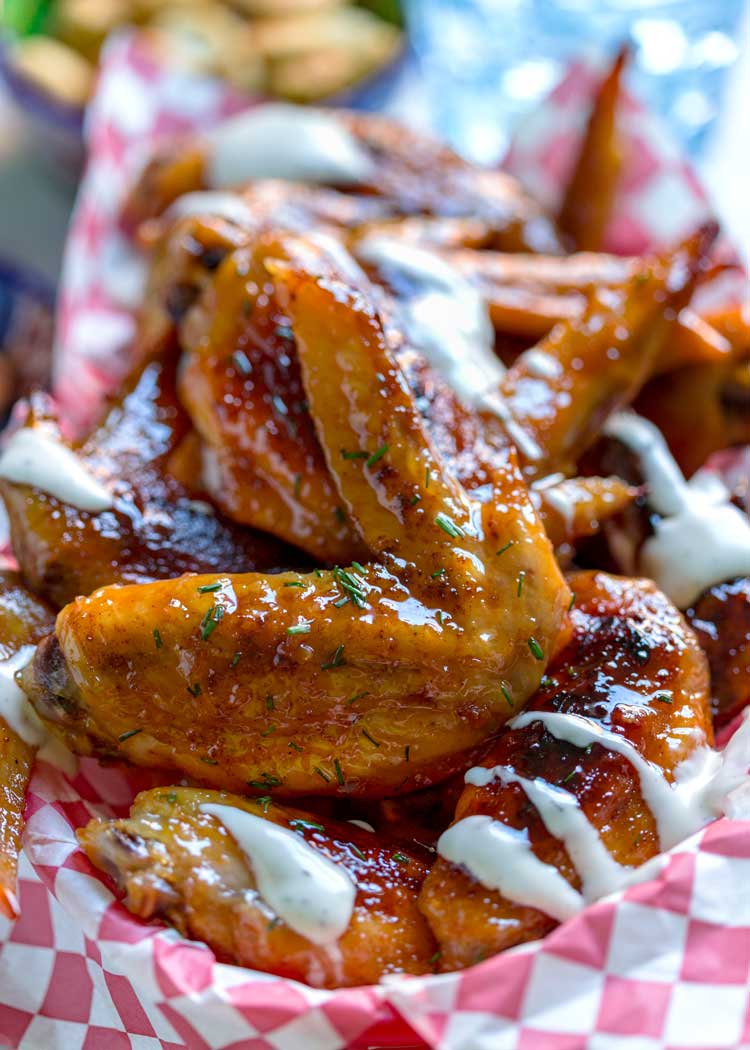 Smoked Honey Garlic Chicken Wings with Ranch dressing