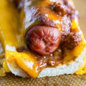 close up of Chili Cheese Dog Stuffed Bread