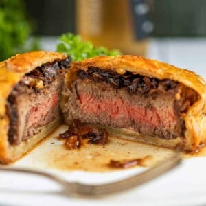 close up of sliced Individual Beef Wellingtons