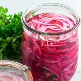 quick pickled red onions in glass jar