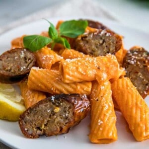 close up of plate of Rigatoni with Grilled Sausage