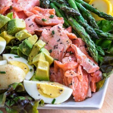 Avocado, Salmon, asparagus and hard boiled egg salad