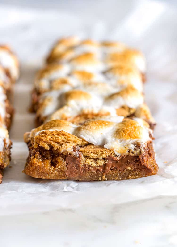 close up Smores Bars on parchment paper