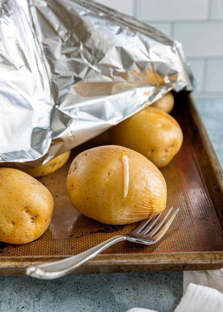 yukon gold potatoes on baking sheet