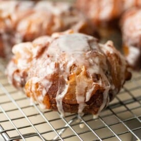 close up of a glazed apple fritter