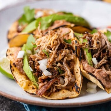 close up: tacos made with instant pot pork carnitas