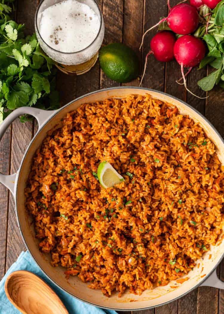 overhead: large pot of authentic mexican rice